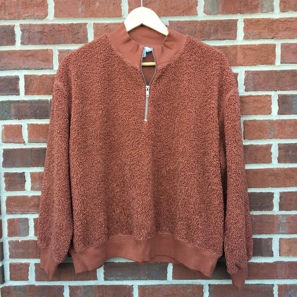 Time and Tru Quarter Zip Sweater Brown Rust Sherpa Popcorn Womens Large